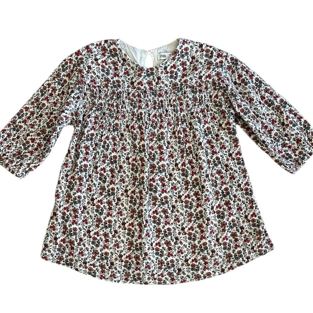 Zara White Floral Dress with Red and Brown Print